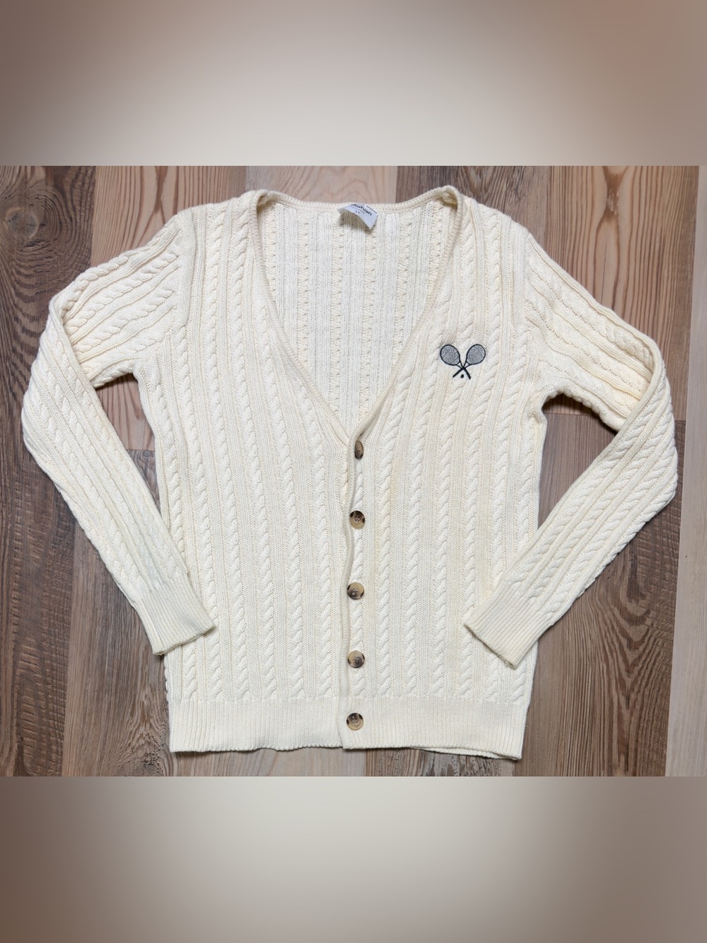 Callahan Cream Cable Knit V-Neck Cardigan with Tennis Embroidery